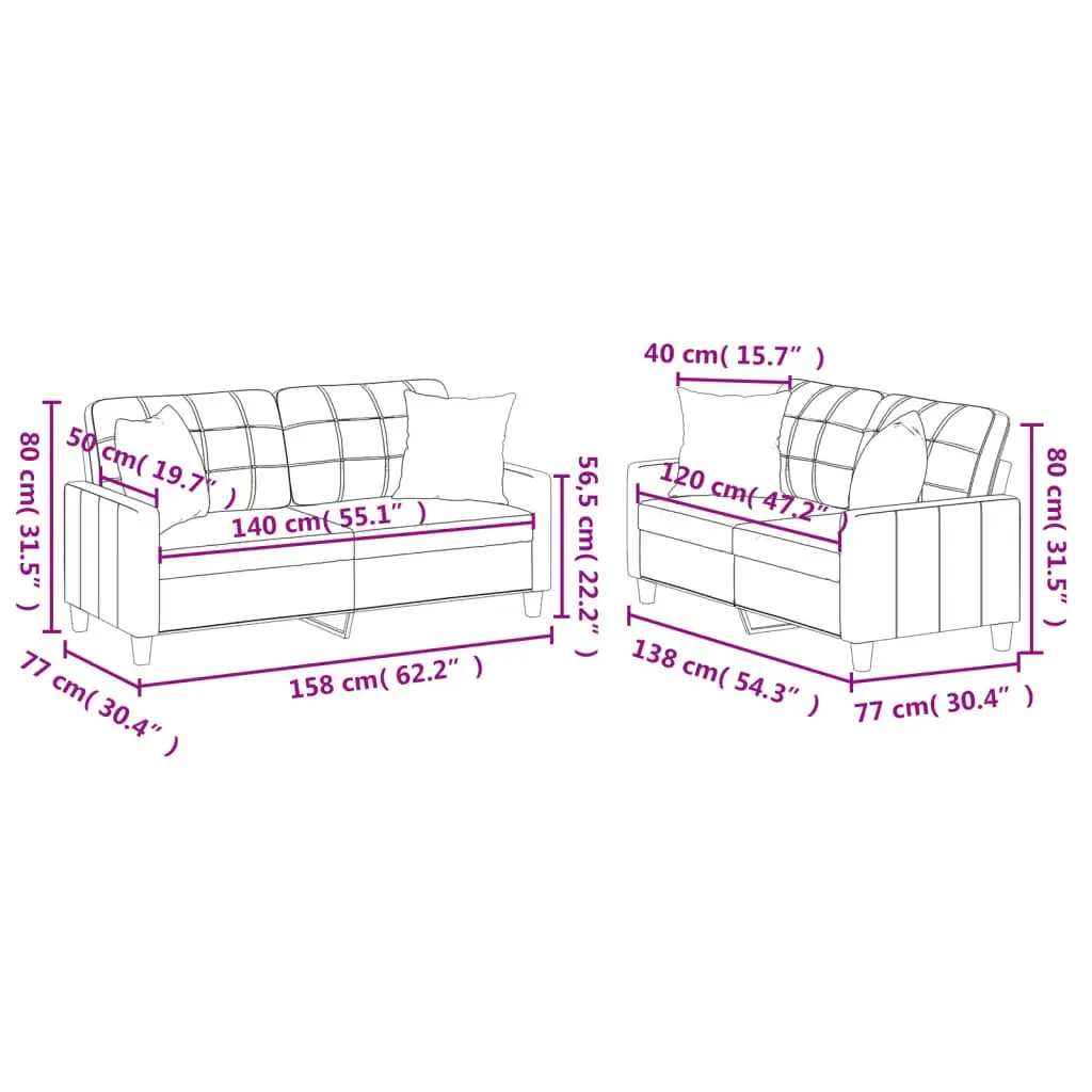 2 Piece Black Sofa Set with Throw Pillows