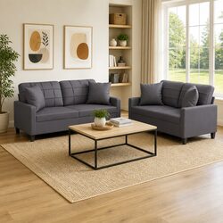 2 Piece Sofa Set Grey Faux Leather Couch Lounge Suite with Throw Pillows