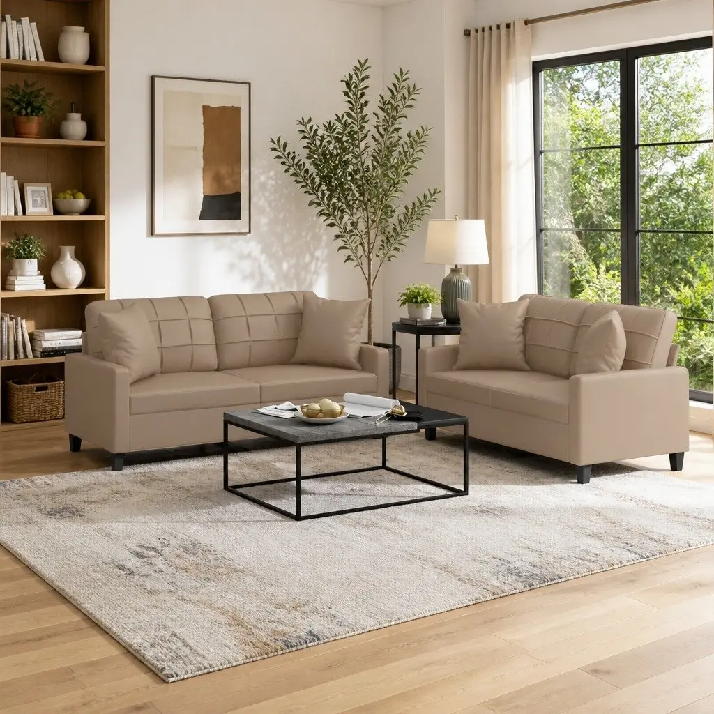 Sofa Set Brown Faux Leather 2 Piece Lounge Couch