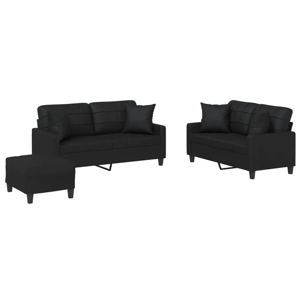 3 Piece Sofa Set Black Faux Leather Couch with Throw Pillows and Footstool
