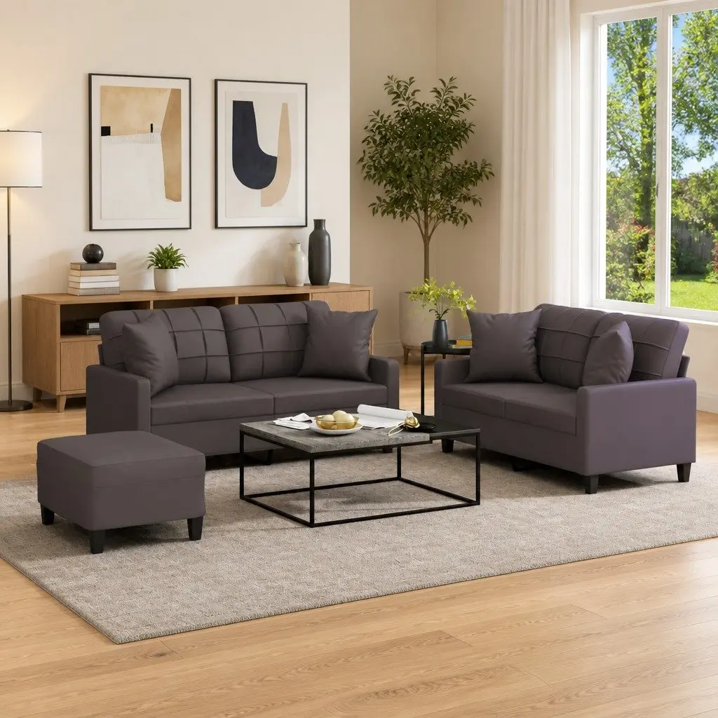 3 Piece Sofa Set with Throw Pillows and Footstool Grey Faux Leather Lounge