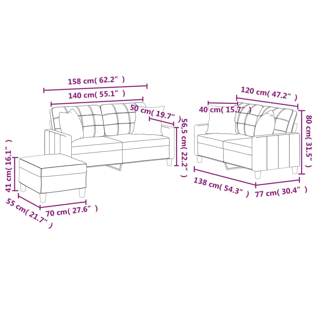 3 Piece Sofa Set with Throw Pillows and Footstool Grey Faux Leather Lounge