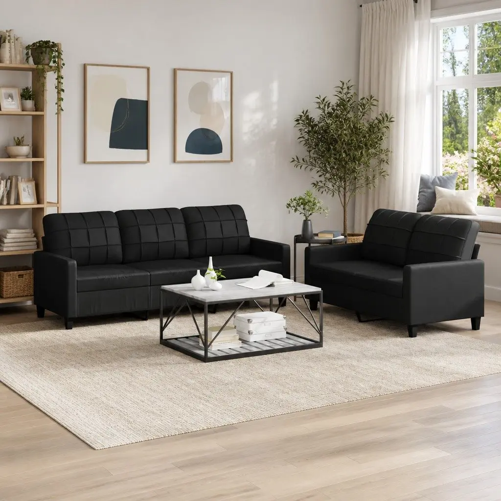 2 Piece Sofa Set Black Faux Leather Durable Living Room Furniture
