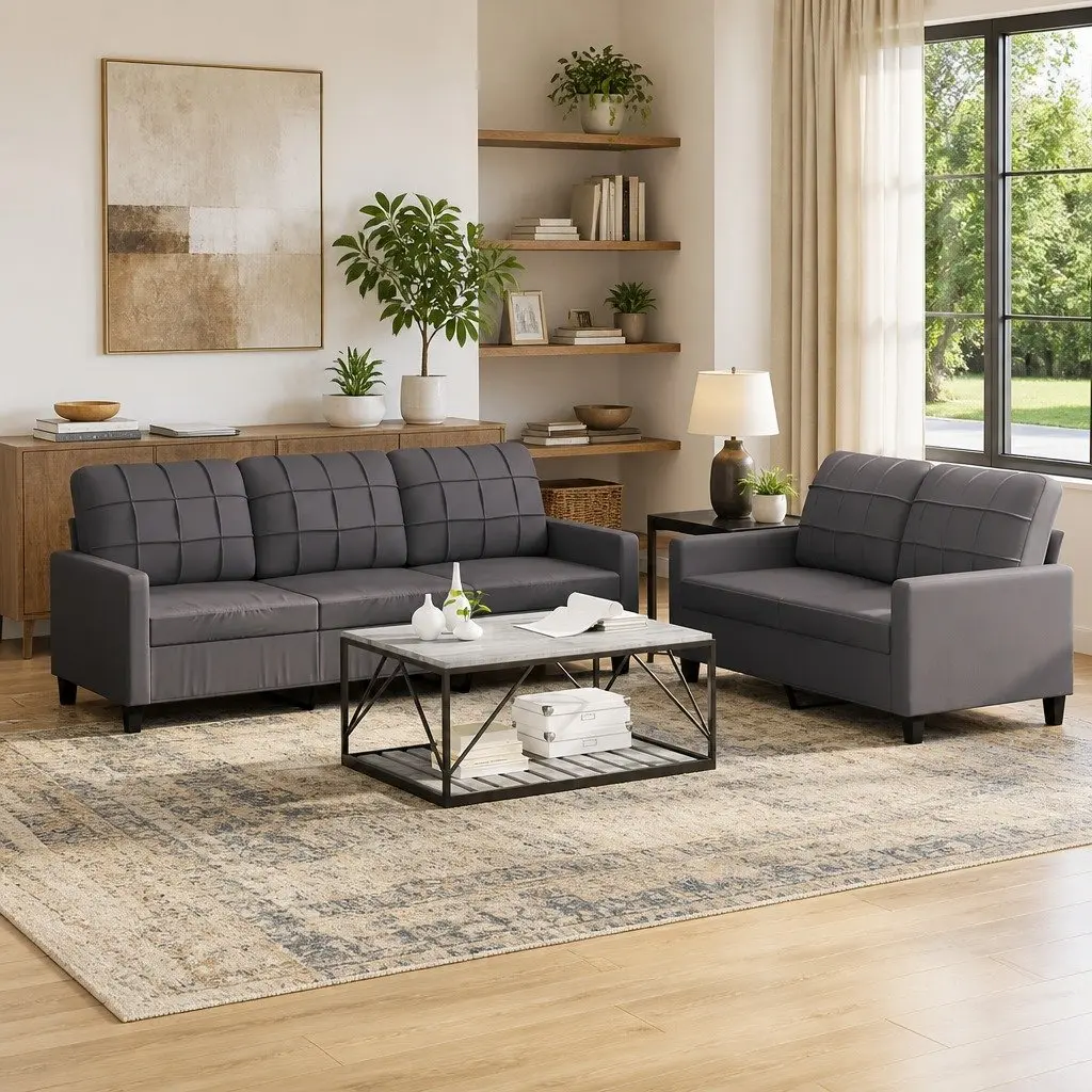 2 Piece Sofa Set Grey Faux Leather Lounge Couch Living Room Furniture Cushions