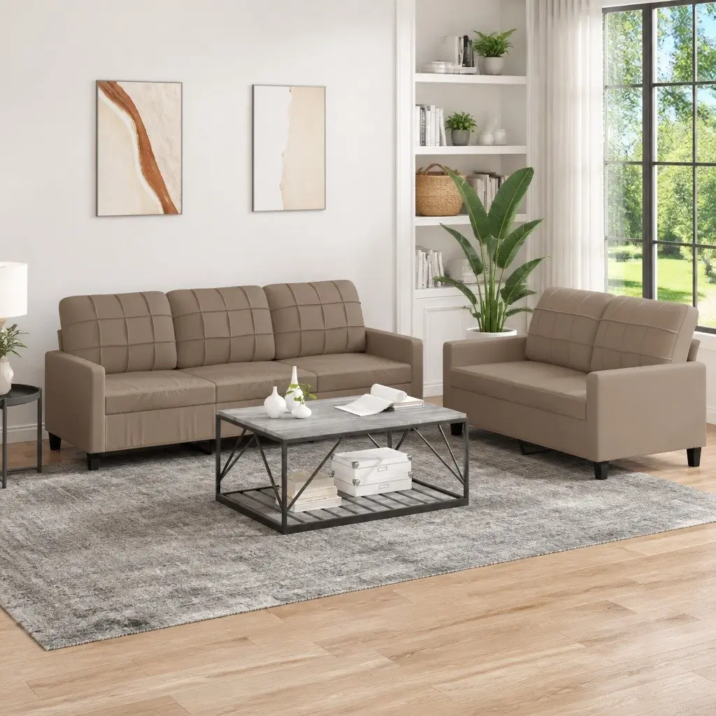 2 Piece Sofa Set Brown Faux Leather Cushioned Lounge Suite