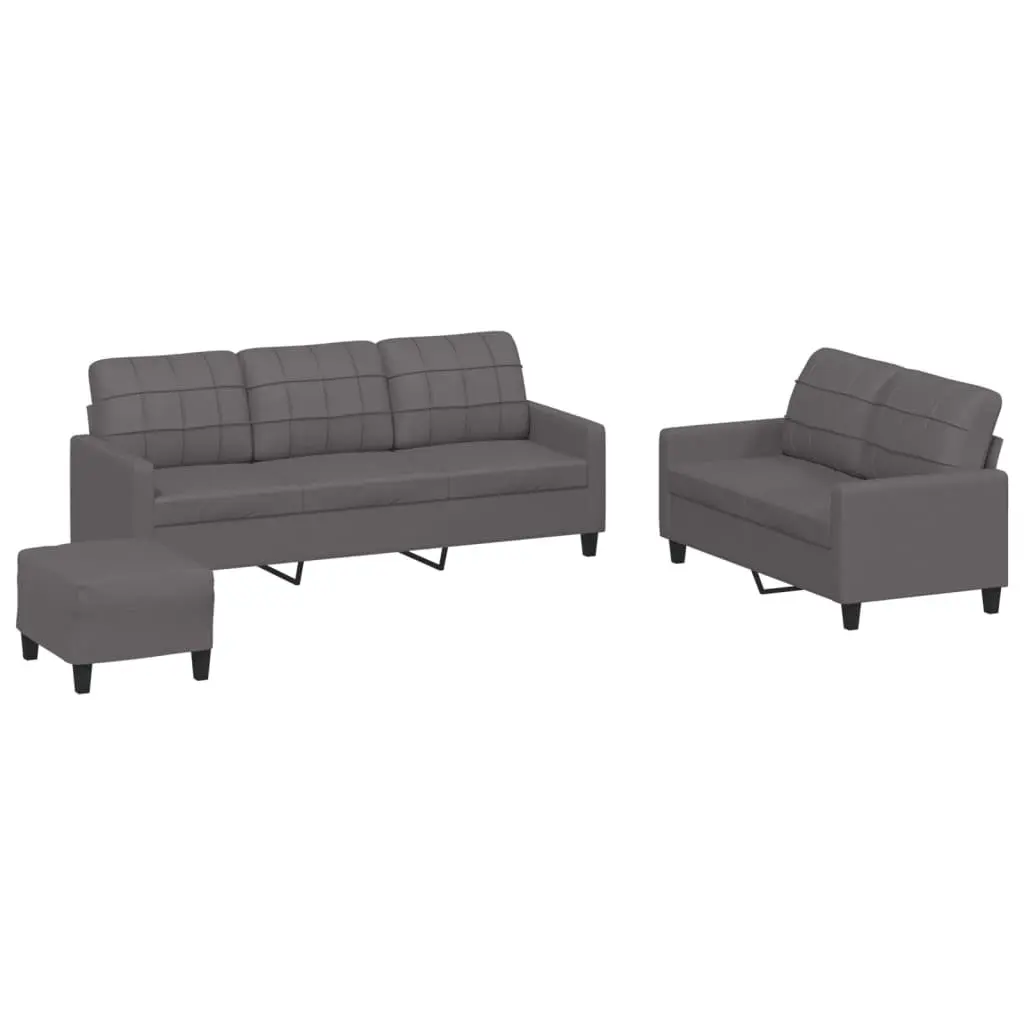 3 Piece Sofa Set with Footstool Grey Faux Leather Living Room Furniture Seating