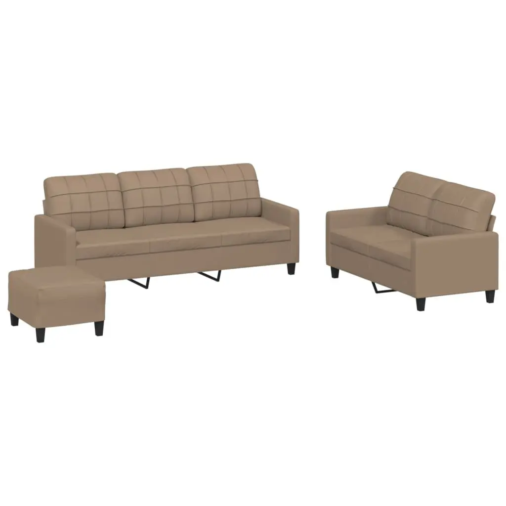 3 Piece Sofa Set with Footstool Cushions Brown Faux Leather Living Room