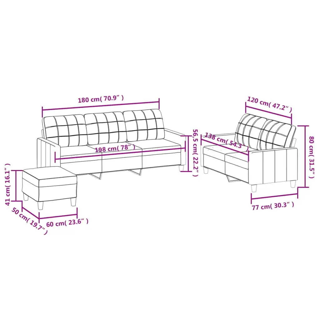 3 Piece Sofa Set with Footstool Cushions Brown Faux Leather Living Room