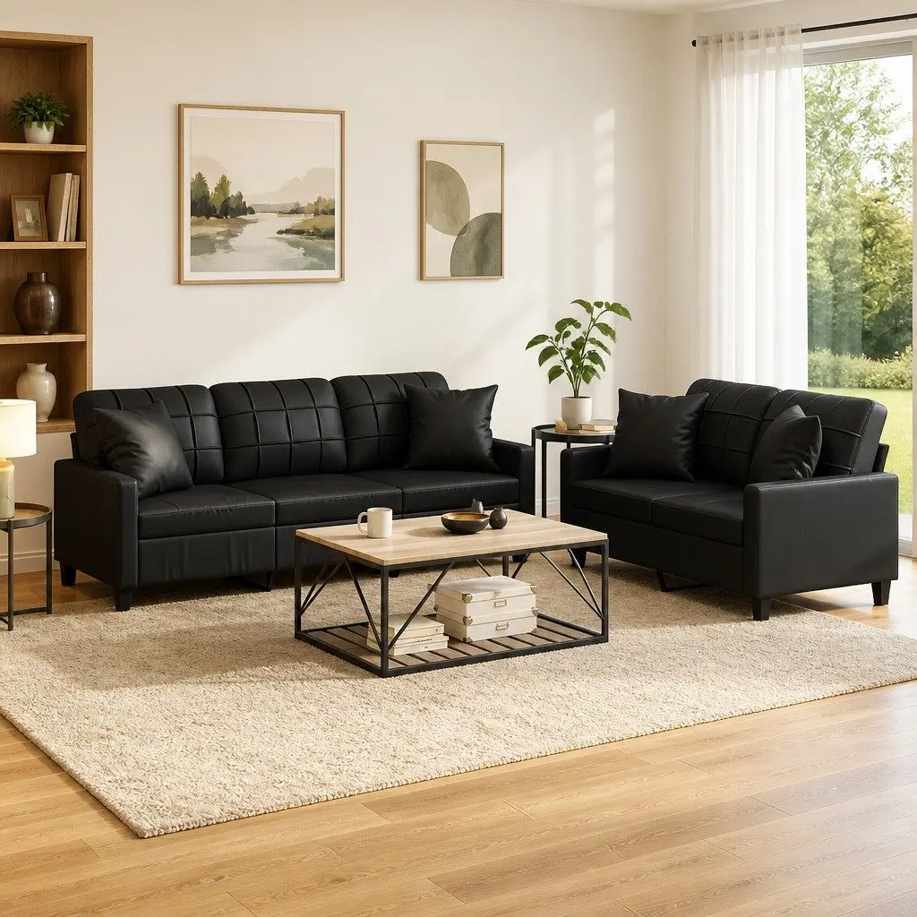 2 Piece Sofa Set Black Faux Leather Couch Living Room Furniture with Throw
