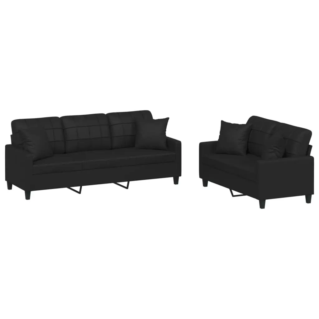 2 Piece Sofa Set Black Faux Leather Couch Living Room Furniture with Throw