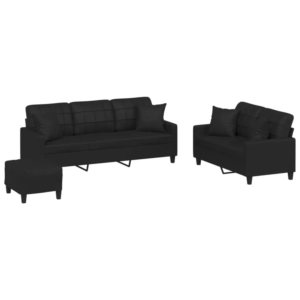 3 Piece Sofa Set Black Faux Leather Couch Living Room Furniture with Pillows