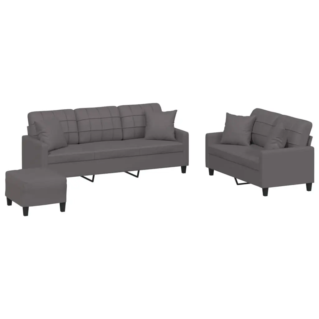 Grey Faux Leather 3 Piece Sofa Set with Pillows and Footstool for Living Room