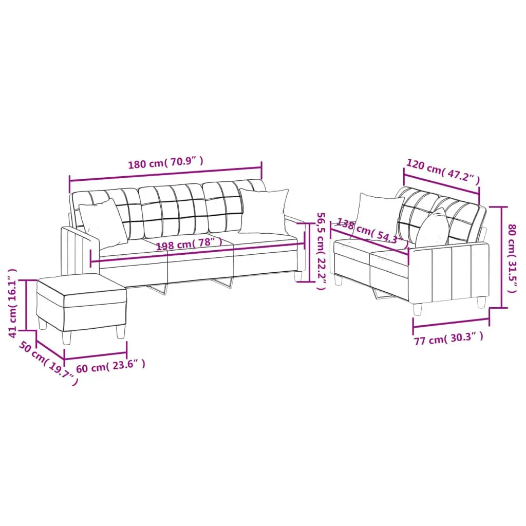 Grey Faux Leather 3 Piece Sofa Set with Pillows and Footstool for Living Room