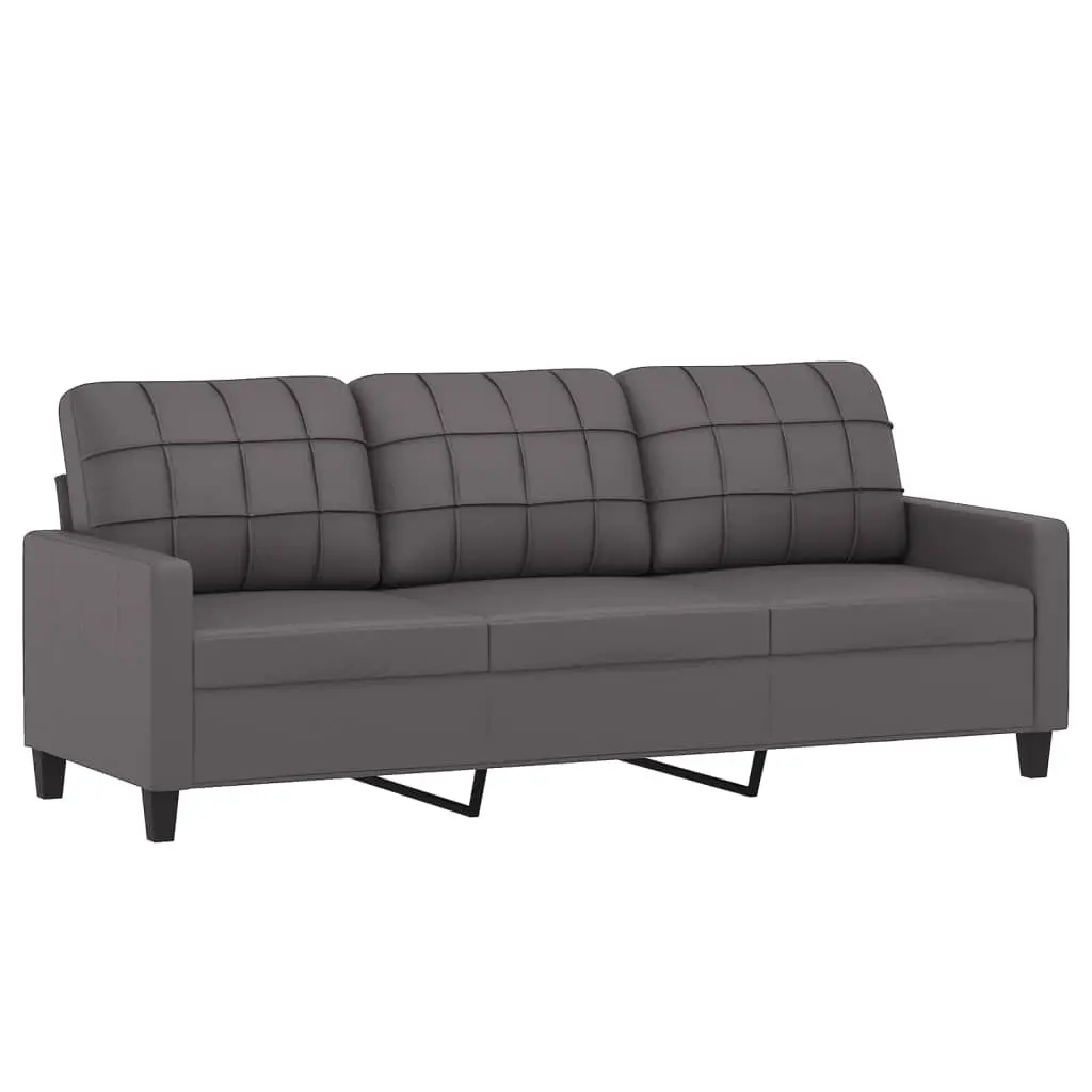Grey Faux Leather 3 Piece Sofa Set with Pillows and Footstool for Living Room