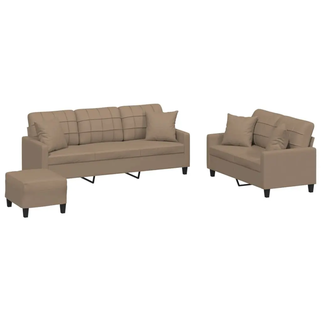 3 Piece Sofa Set with Throw Pillows Footstool Brown Faux Leather Living Room
