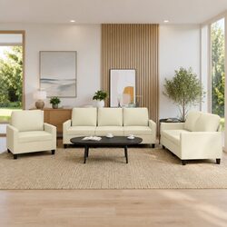 3 Piece Sofa Set Living Room Furniture Faux Leather Cream Lounge Seating