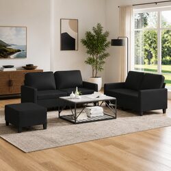 3 Piece Sofa Set with Cushions Footstool Black Faux Leather Living Room