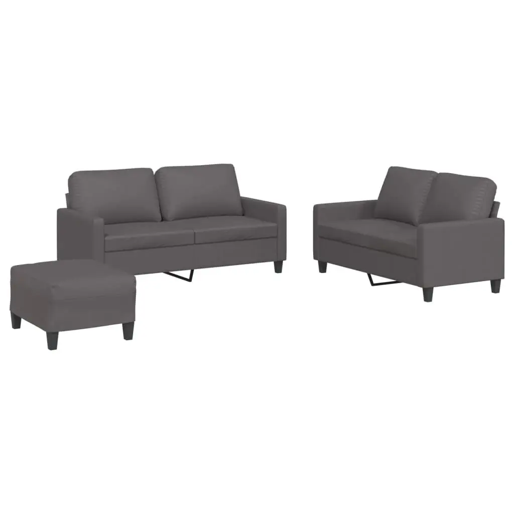 3 Piece Grey Sofa Set Faux Leather Compact Living Room Furniture