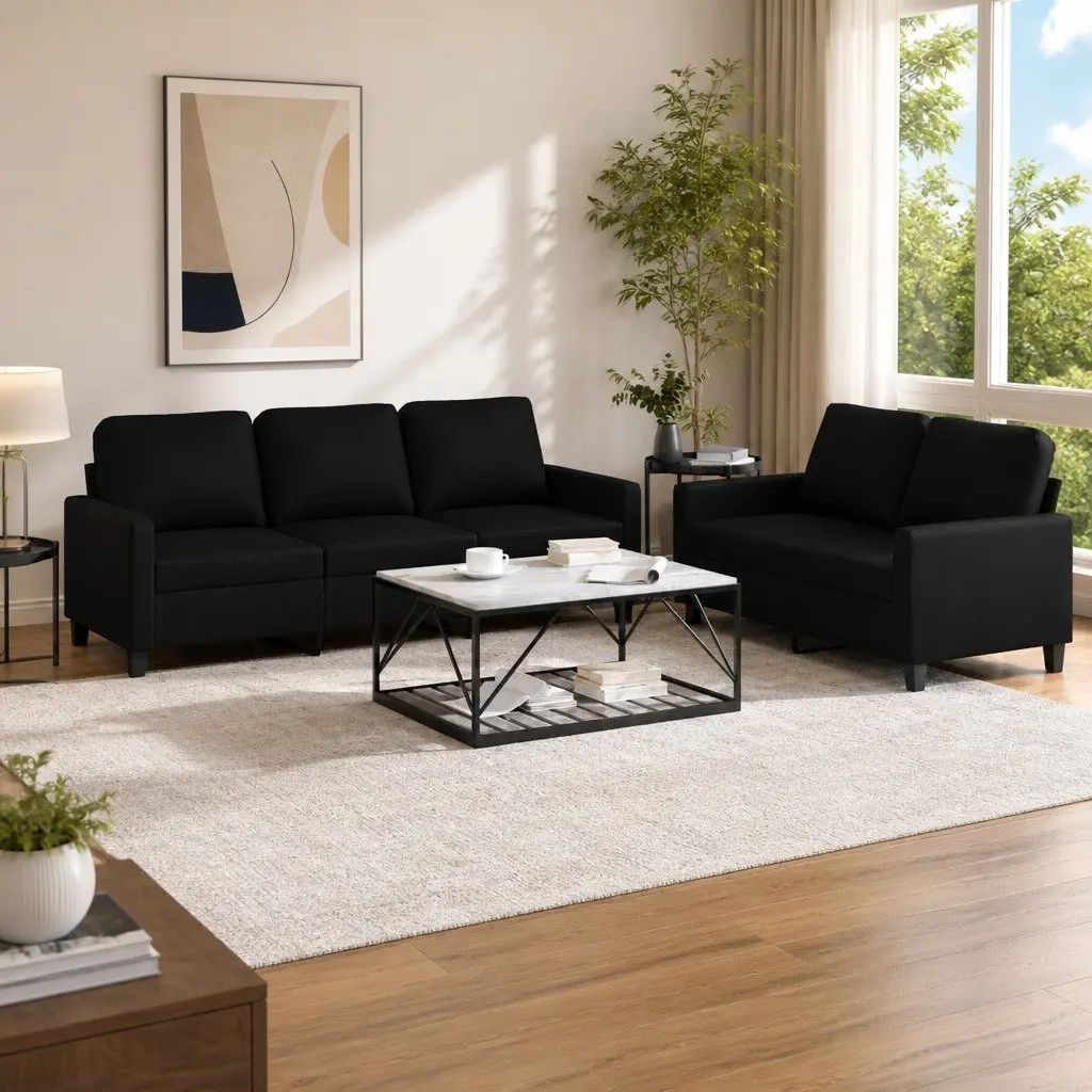 Black Faux Leather 2 Piece Sofa Set