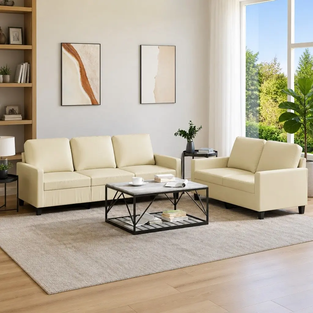 2 Piece Sofa Set Cream Faux Leather Modern Living Room Furniture