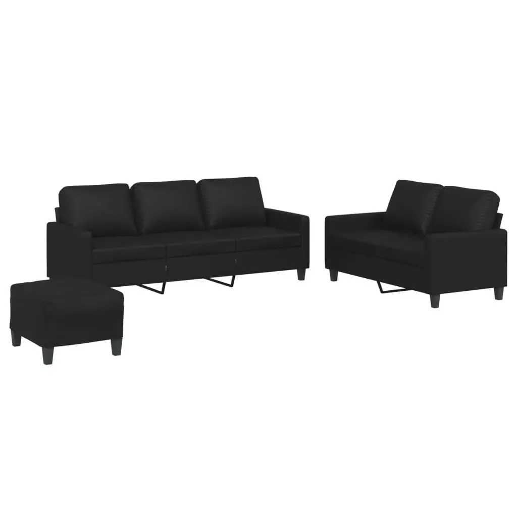 3 Piece Sofa Set Black Faux Leather with Footstool
