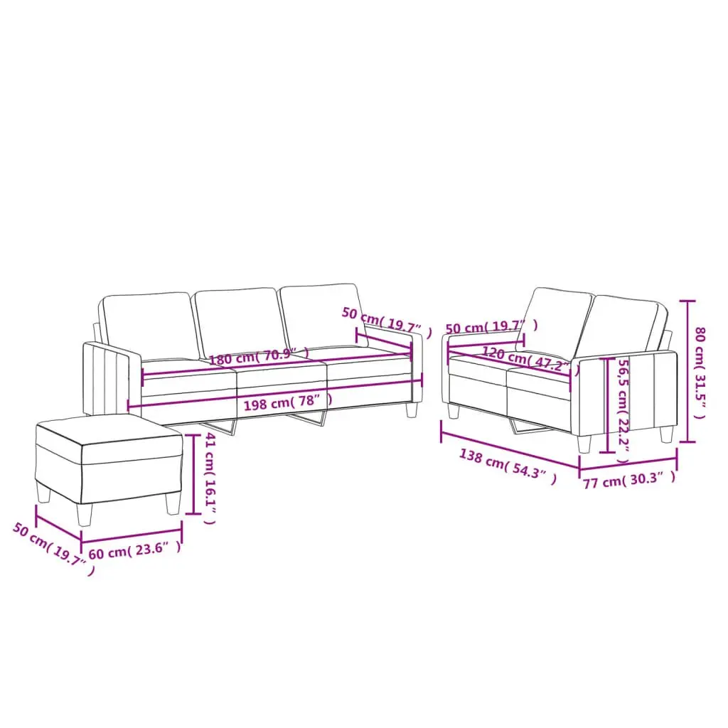 3 Piece Sofa Set Black Faux Leather with Footstool