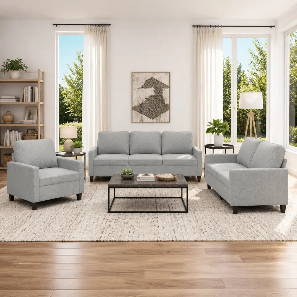 3 Piece Sofa Set Grey Fabric Modern Living Room Furniture Couch with Cushions