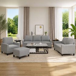 4 Piece Grey Fabric Sofa Set with Cushions Footstool Living Room Furniture