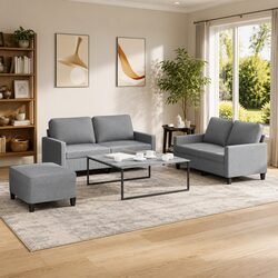 3 Piece Sofa Set with Footstool Grey Fabric Living Room Lounge Suite Cushions