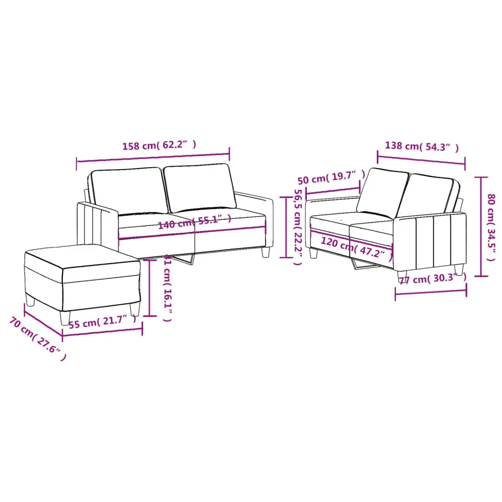 3 Piece Sofa Set with Footstool