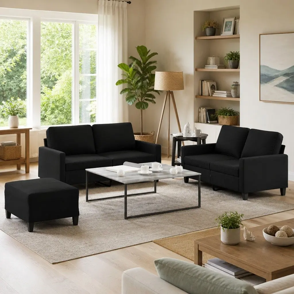 Black Fabric Sofa Set 3-Piece Living Room Furniture with Cushions and Footstool