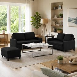 Friendly Black Fabric Sofa Set with Footstool