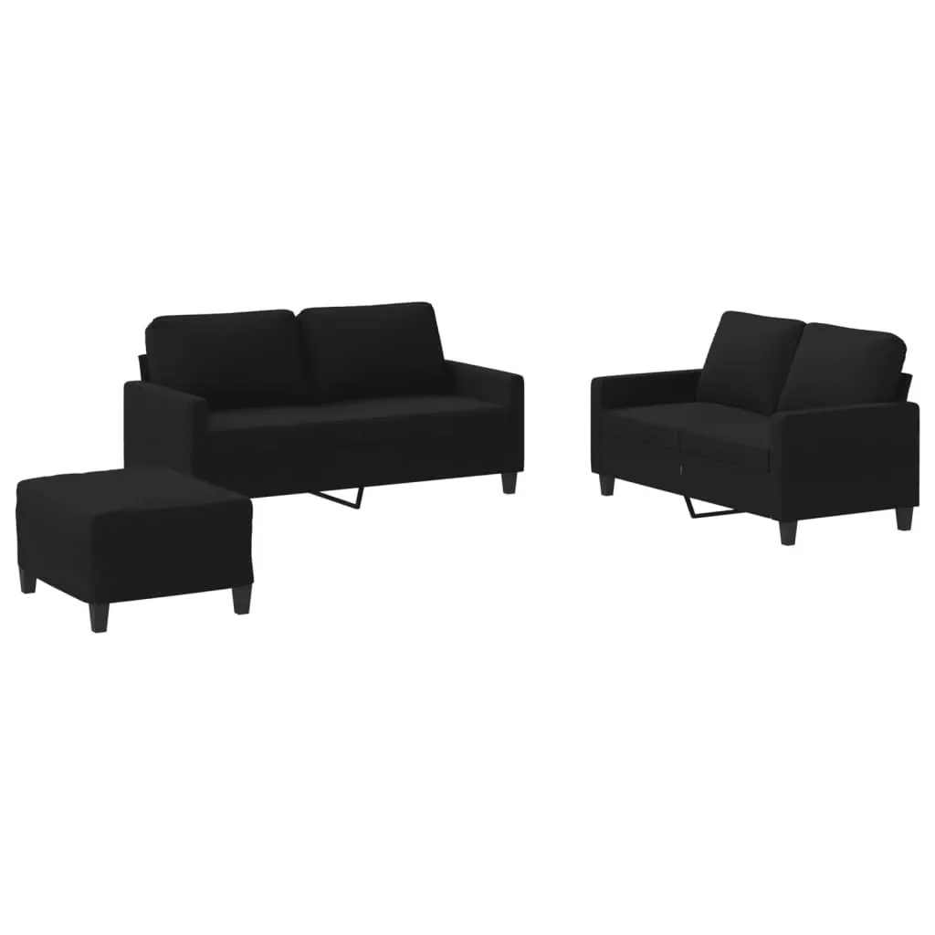 Black Fabric Sofa Set 3-Piece Living Room Furniture with Cushions and Footstool