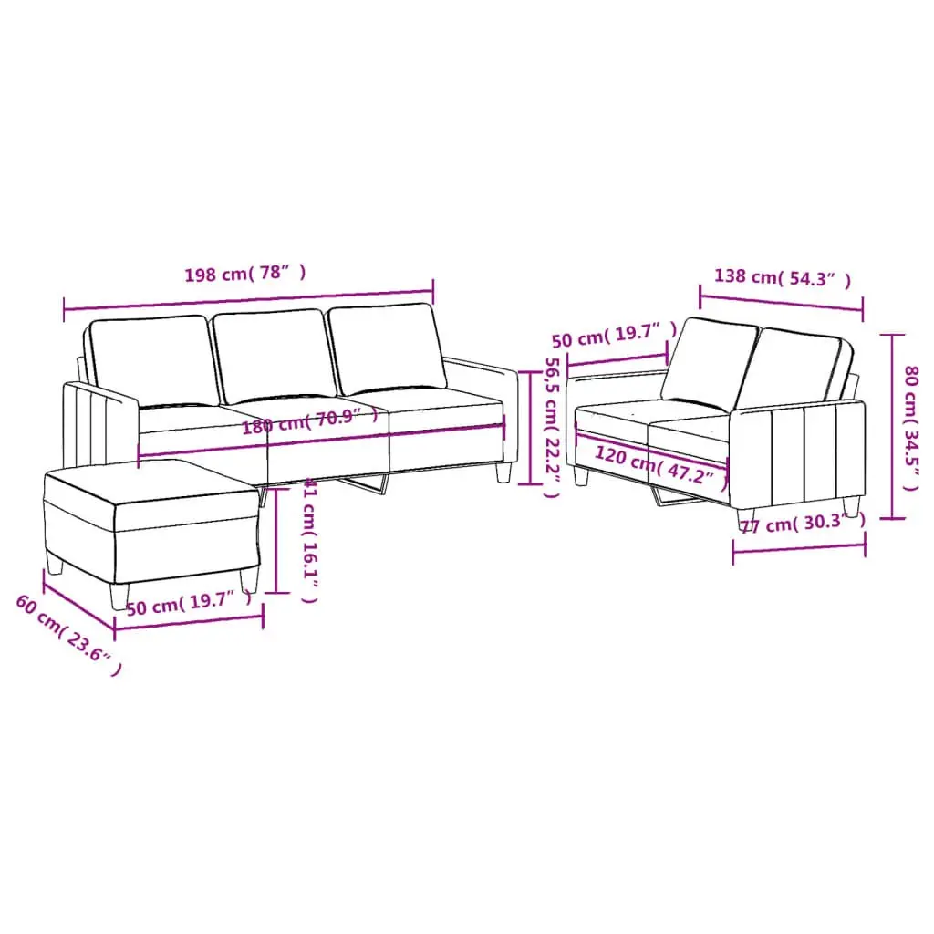 3 Piece Sofa Set with Footstool Grey Fabric Lounge Suite Comfortable Seating