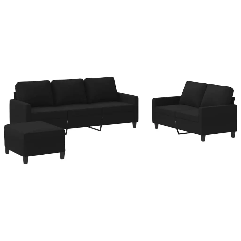 Black Fabric Lounge Couch Set 3 Piece with Footstool and Cushions