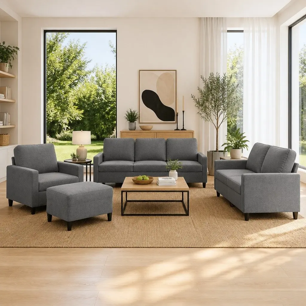 Grey Velvet Sofa Set with Footstool