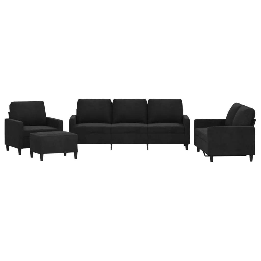 Sofa Set Velvet Black 4 Piece with Footstool and Cushions
