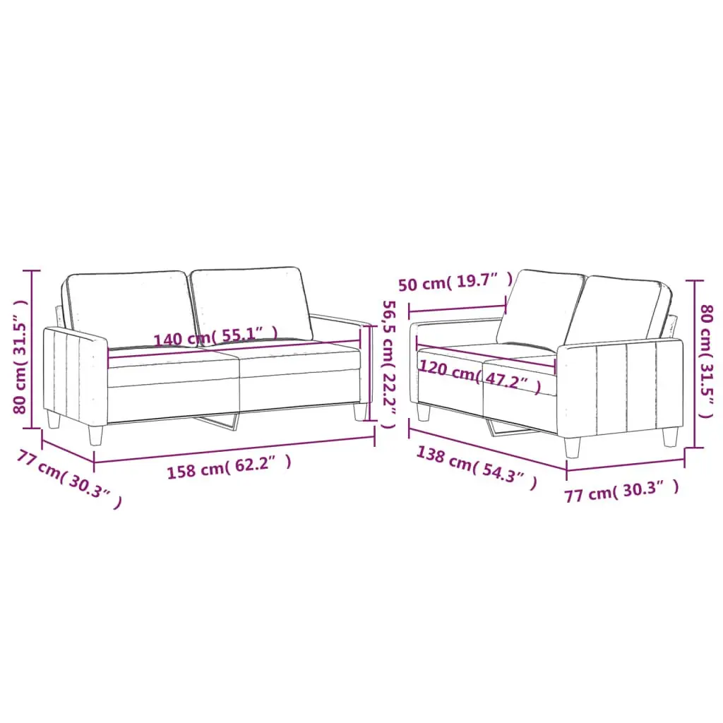 Sofa Set Grey Velvet Cushioned 2 Piece