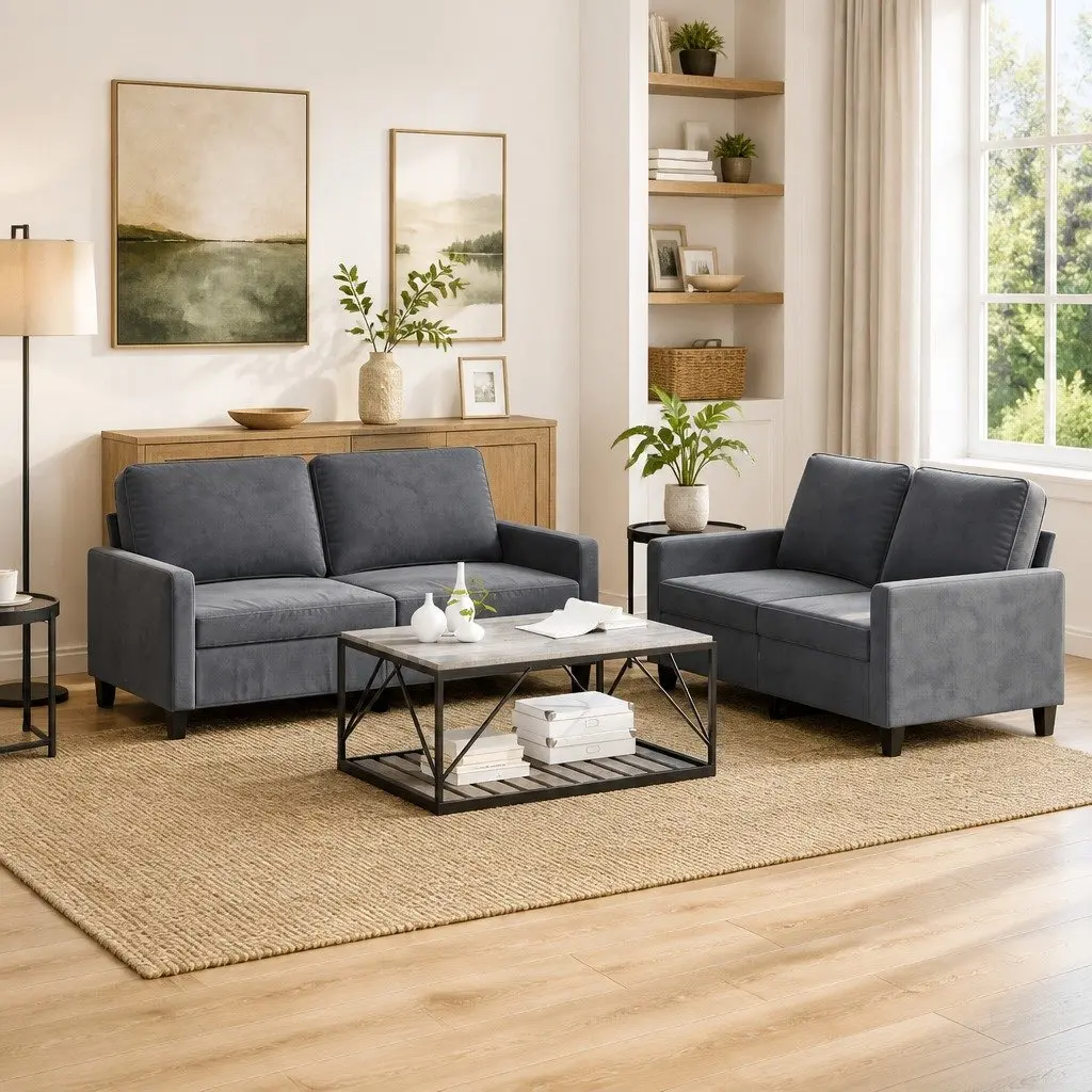 2 Piece Sofa Set Grey Velvet Padded Seat Armrests