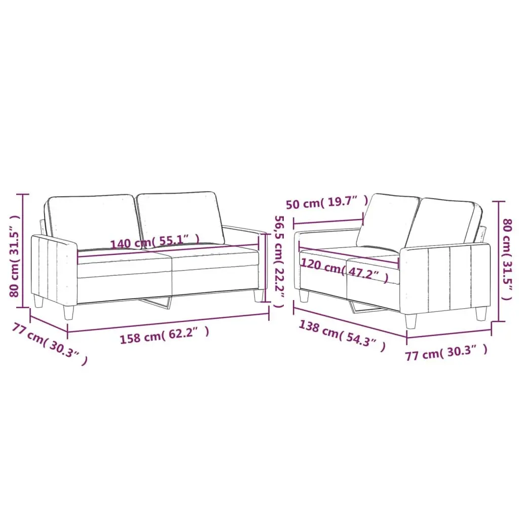 2 Piece Sofa Set Grey Velvet Padded Seat Armrests