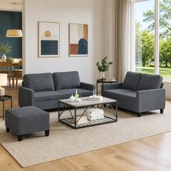 3 Piece Sofa Set Grey Velvet Couch with Cushions and Footstool Living Room