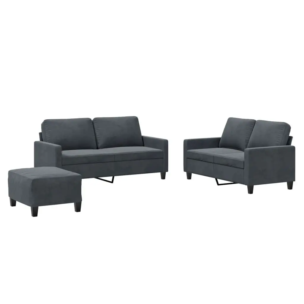 3 Piece Sofa Set Grey Velvet Couch with Cushions and Footstool Living Room