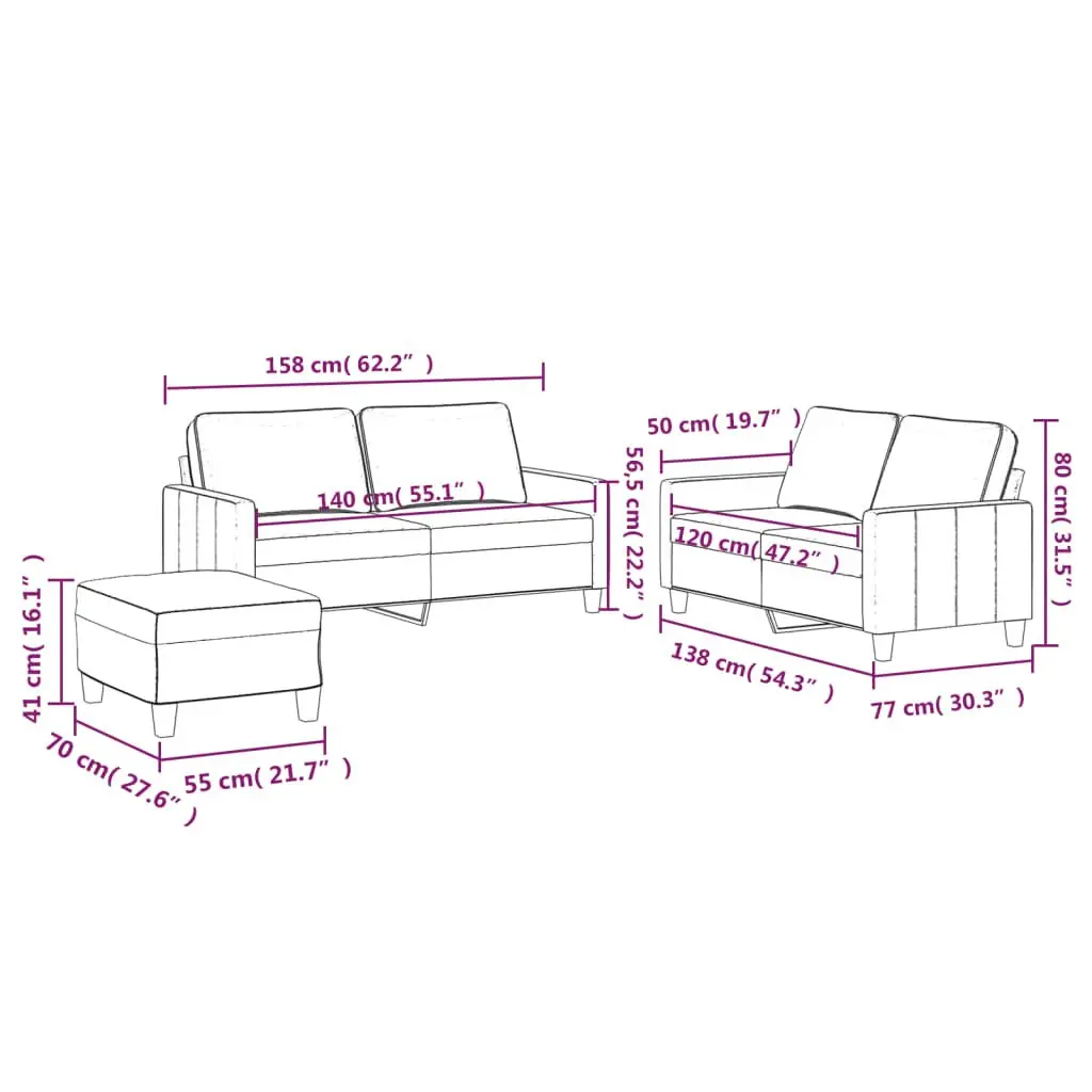 3 Piece Sofa Set Grey Velvet Couch with Cushions and Footstool Living Room