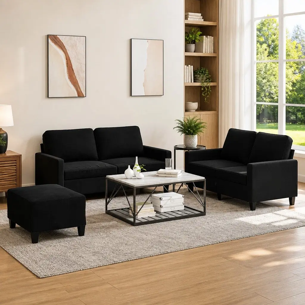 3 Piece Sofa Set with Cushions Ottoman Footstool Black Velvet Living Room