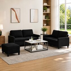 3 Piece Sofa Set with Cushions Ottoman Footstool Black Velvet Living Room
