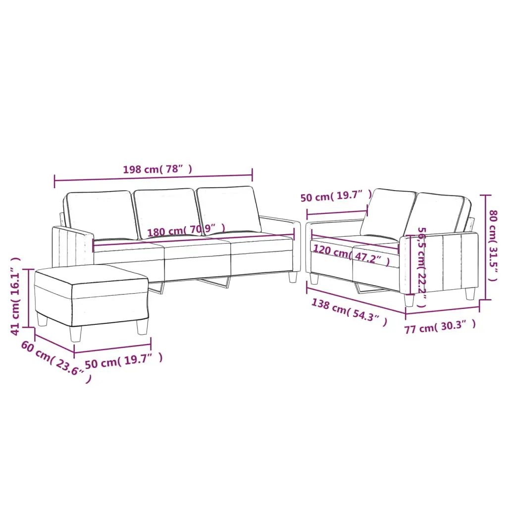 3 Piece Sofa Set Grey Velvet Lounge with Footstool