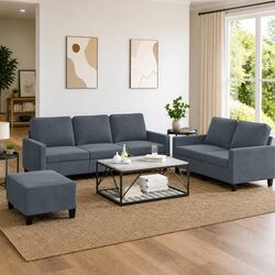 3 Piece Sofa Set with Footstool Grey Velvet Living Room Furniture Lounge Suite