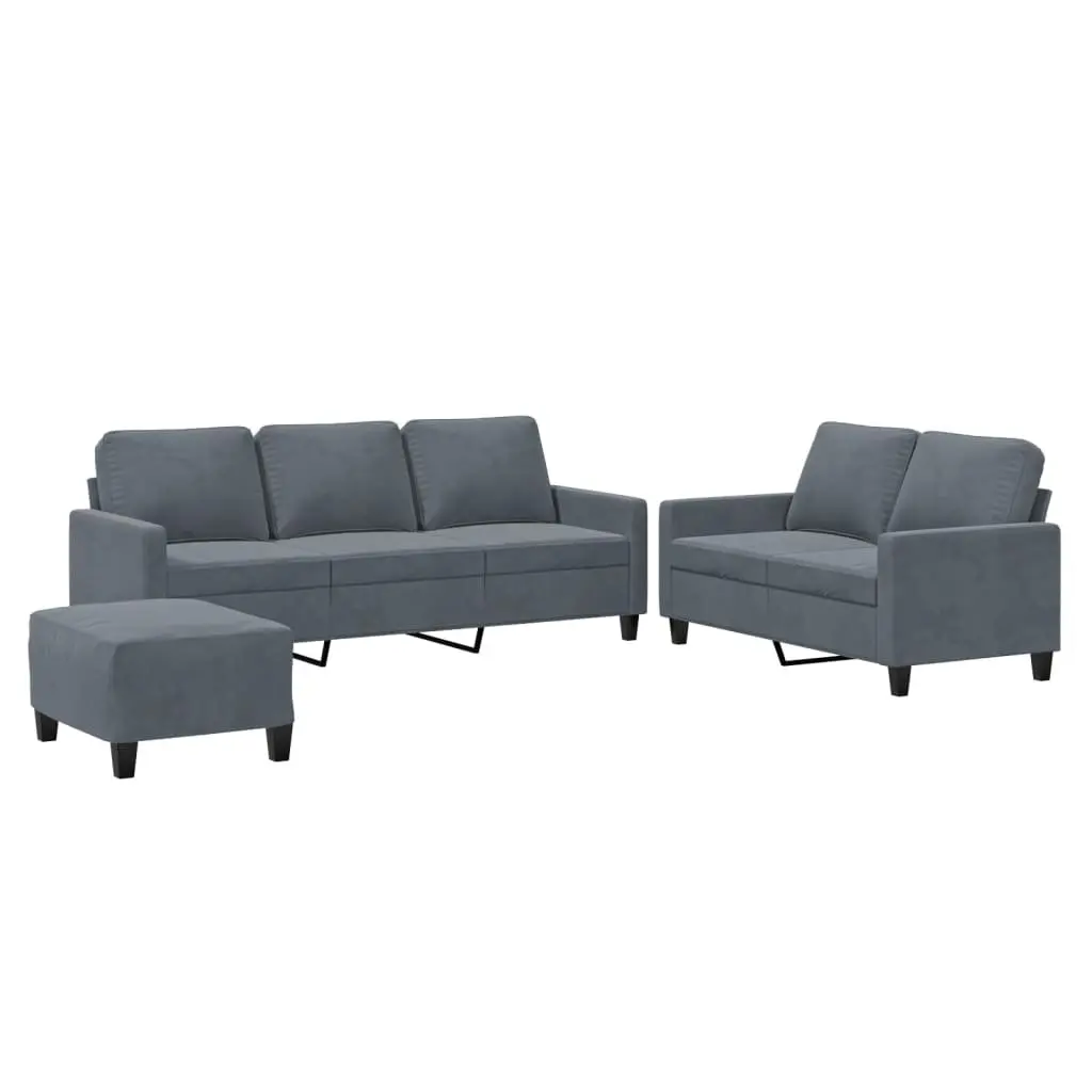 3 Piece Grey Velvet Sofa Set with Footstool