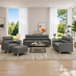 4 Piece Grey Fabric Sofa Set with Footstool Padded Seat Armrests Living Room