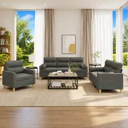3 Piece Sofa Set Grey Fabric Lounge Suite with Pillows Living Room Furniture